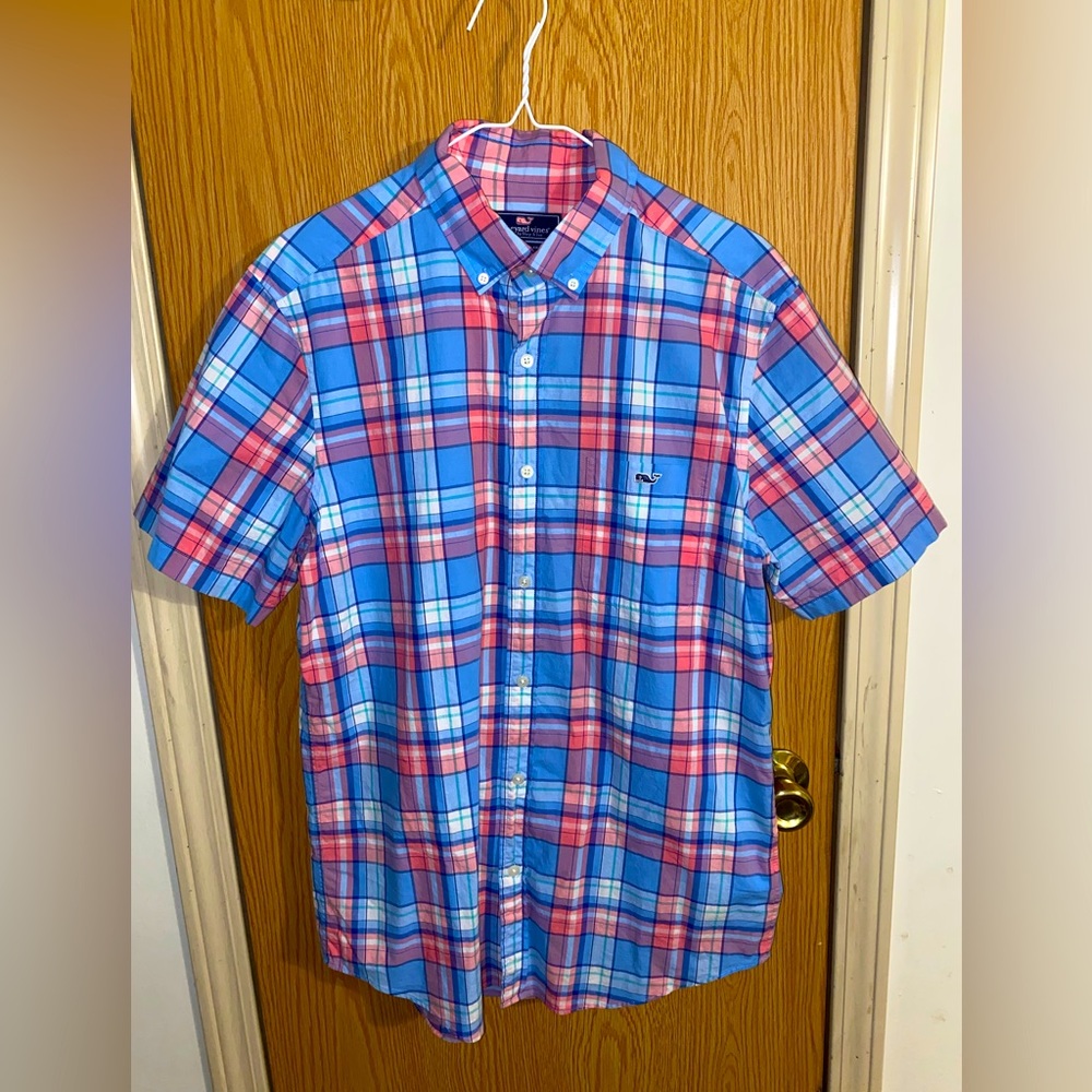 Mens Vineyard vines short sleeve button-up shirt - pink and blue plaid - medium